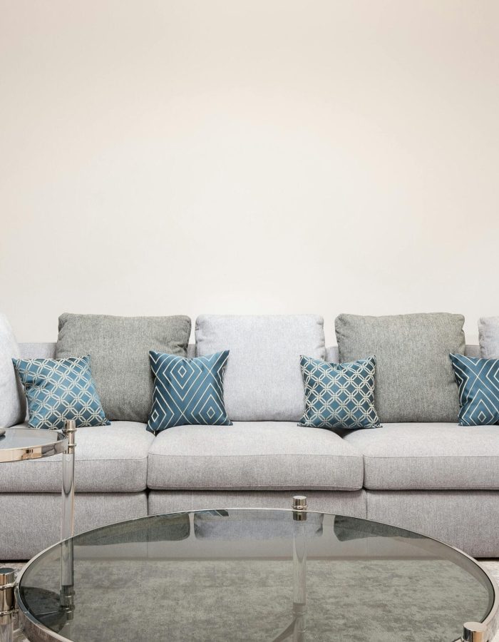 Modern room interior with decorative cushions on couch against round shaped tables on carpet at home